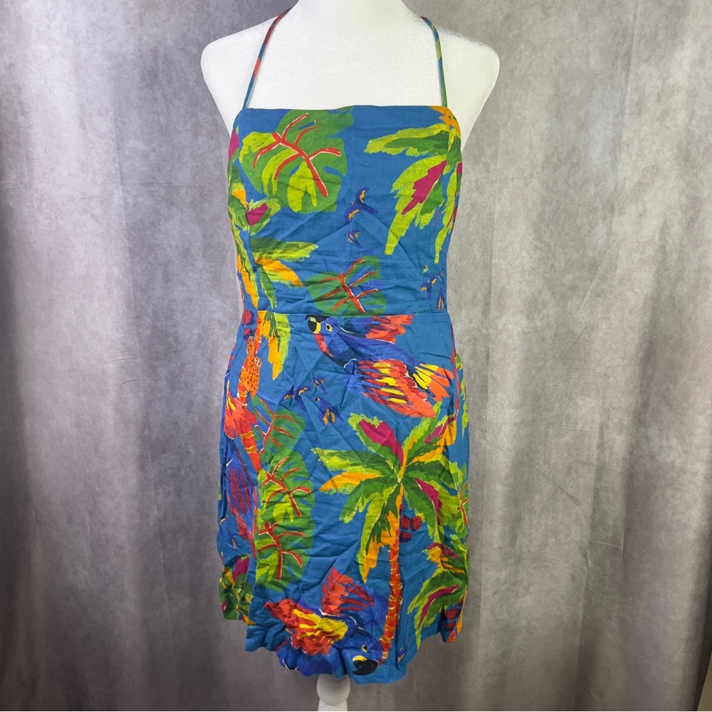 FARM Rio Blue Tropical Parrot Halter Mini Dress